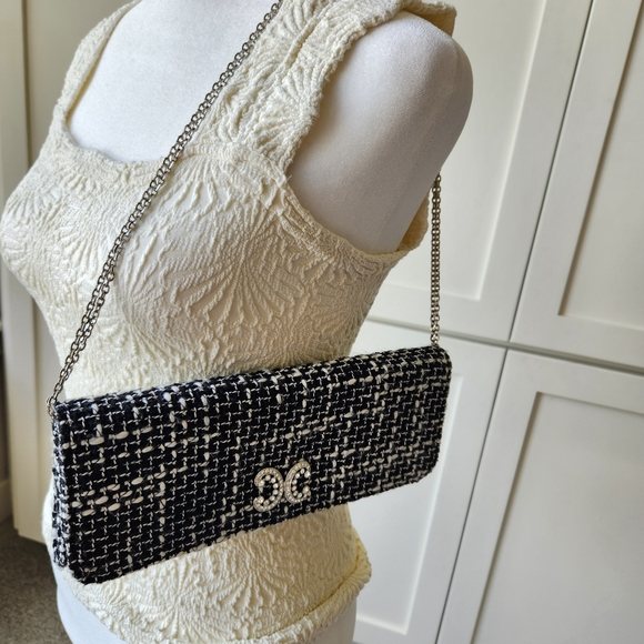 Cache Tweed Shoulder Bag Clutch Black White Silver Chain Sparkle Chic Elegant - Picture 3 of 16